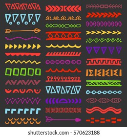 Collection of Hand Drawn Borders in Ethnic Style. Aztec art dividers. Trendy boho separators.