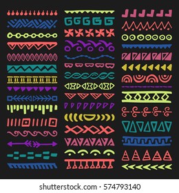 Collection of Hand Drawn Borders in Ethnic Style. Aztec art dividers. Trendy boho separators.