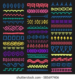 Collection of Hand Drawn Borders in Ethnic Style. Aztec art dividers. Trendy boho separators.