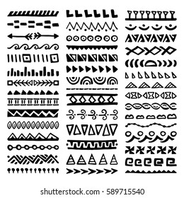 Collection of Hand Drawn Borders in Ethnic Style. Aztec art dividers. Trendy boho separators.