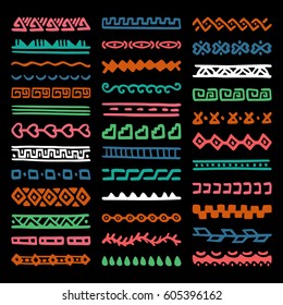 Collection of Hand Drawn Borders in Ethnic Style. Aztec art dividers. Trendy boho separators.
