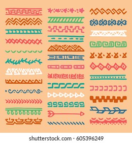 Collection of Hand Drawn Borders in Ethnic Style. Aztec art dividers. Trendy boho separators.