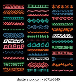 Collection of Hand Drawn Borders in Ethnic Style. Aztec art dividers. Trendy boho separators.