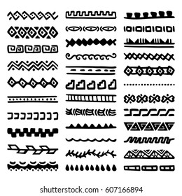 Collection of Hand Drawn Borders in Ethnic Style. Aztec art dividers. Trendy boho separators.