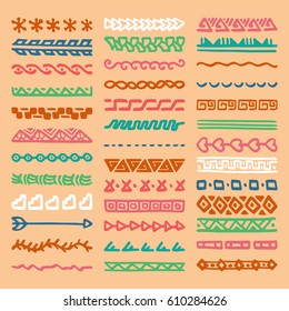 Collection of Hand Drawn Borders in Ethnic Style. Aztec art dividers. Trendy boho separators.