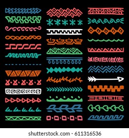 Collection of Hand Drawn Borders in Ethnic Style. Aztec art dividers. Trendy boho separators.
