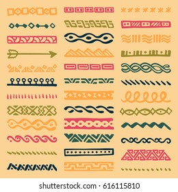 Collection of Hand Drawn Borders in Ethnic Style. Aztec art dividers. Trendy boho separators.