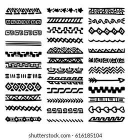 Collection of Hand Drawn Borders in Ethnic Style. Aztec art dividers. Trendy boho separators.