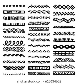 Collection of Hand Drawn Borders in Ethnic Style. Aztec art dividers. Trendy boho separators.