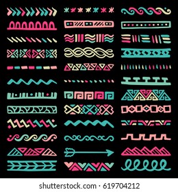 Collection of Hand Drawn Borders in Ethnic Style. Aztec art dividers. Trendy boho separators.