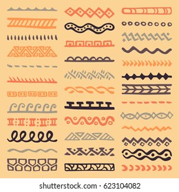Collection of Hand Drawn Borders in Ethnic Style. Aztec art dividers. Trendy boho separators.