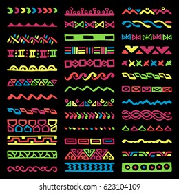 Collection of Hand Drawn Borders in Ethnic Style. Aztec art dividers. Trendy boho separators.