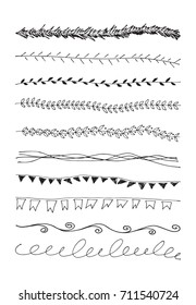 Collection of hand drawn borders for festive posters decoration. Vector sketch design.Isolated on the background.