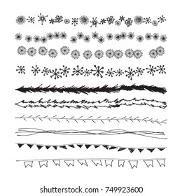 Collection of hand drawn borders and garlands  for festive posters decoration. Vector sketch design.Isolated on the background.