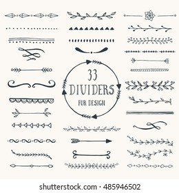 Collection of hand drawn borders made with brush and ink. Line and dividers for design. Vector.