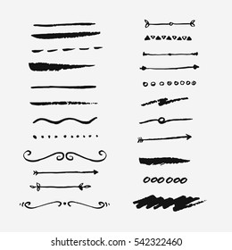 Collection of hand drawn borders made with brush and ink. Unique vector dividers and swirls.