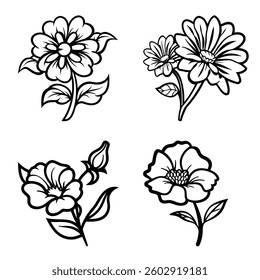 Collection of hand drawn botanical flower doodle elements for floral design