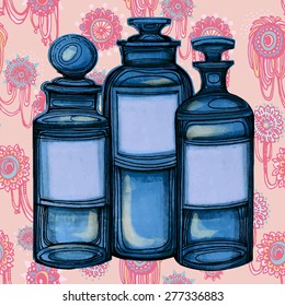 Collection of  hand drawn bottles.Vectorized watercolor drawing.Vintage poster design. Beautiful old perfume bottle.Glass jars, bottles and medicine chemistry potions.Retro Illustration.Isolated 
