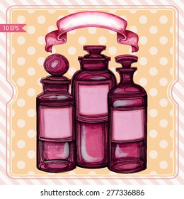 Collection of  hand drawn bottles.Vectorized watercolor drawing.Vintage poster design. Beautiful old perfume bottle.Glass jars, bottles and medicine chemistry potions.Retro Illustration.Isolated 
