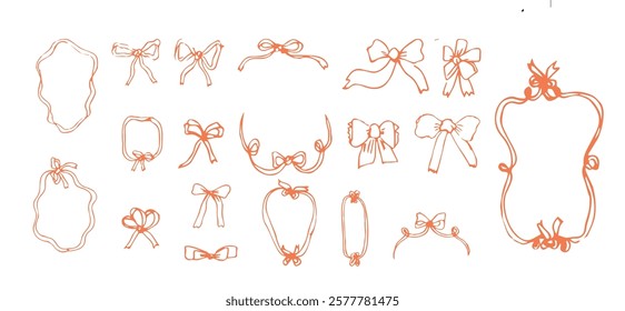 Collection of hand drawn bows and frames for decorative designs.