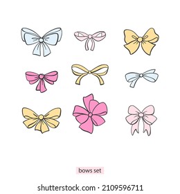 Collection of hand drawn bows isolated on white background.  Set of decorative elements. Vector illustration.