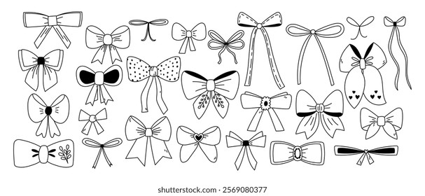 Collection of Hand Drawn bows. A set of black simple ribbon. Bows on a white isolated background. Vector illustration of black ribbon