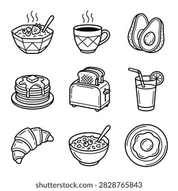 Collection of hand drawn breakfast food icons including oatmeal pancakes coffee avocado croissant and fried egg
