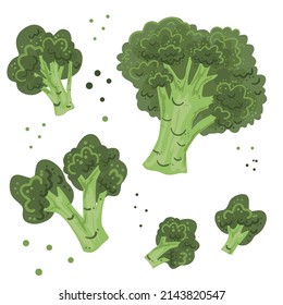 Collection of hand drawn broccoli. Bundle of fresh delicious vegan diet vegetarian products, wholesome healthy food, cooking ingredients. Flat cartoon style on a white background. Vector illustration