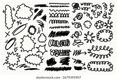 colección de trazo de pincel dibujado a mano resalta la nube de burbujas de discurso y el elemento de flecha brillante en el dibujo infantil en varios estilos Impresión de Vector EPS 10