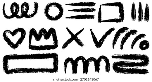 collection of hand drawn brush stroke shapes and doodle elements in black ink on white background.