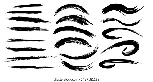 Collection of hand drawn brush strokes. Black straight and wavy vector lines. Textured paint marker