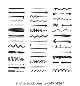 Collection of hand drawn brush strokes arrows and doodle lines in black and white