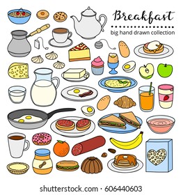 Collection of hand drawn buffet style breakfast dishes including eggs, pancakes, beverages, fruits, sandwiches, cereals and yogurt isolated on white background.