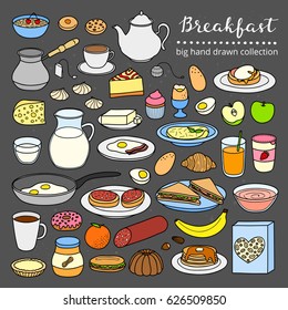 Collection of hand drawn buffet style breakfast dishes including eggs, pancakes, beverages, fruits, sandwiches, cereals and yogurt isolated on chalkboard background.