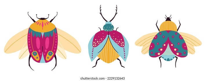 Collection of hand drawn bugs. Bug species and exotic beetles icons collection. Funny insects.