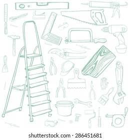 Collection of hand drawn building tools in pale green color scattered on white background.