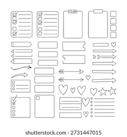 Colección de Elementos de diario de viñetas y planificador dibujados a mano con listas de verificación y Palabras claves de flechas diario de viñetas, planificador, lista de verificación, lista de tareas, cuaderno, papelería, dibujo, doodle, dibujado a mano.