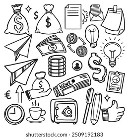 Collection of Hand drawn business economy doodle drawing set. Symbols and objects vector illustration, including coins, dollar bills, and a stack of money.Concept of wealth and prosperity.