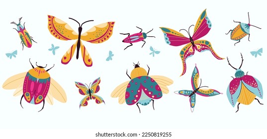 Colección de mariposas e insectos dibujados a mano. Resumen de diseño decorativo. Los iconos vectoriales de mariposas y fallos se establecen.