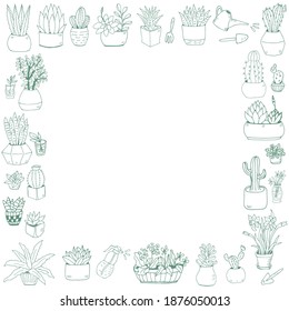 Collection of hand drawn cacti. Big set cute of hand drawn house plants in pots including cactus, dracena, aloe and others, and garden tools. Vector collection of doodle plants.