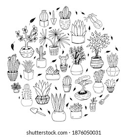 Collection of hand drawn cacti. Big set cute of hand drawn house plants in pots including cactus, dracena, aloe and others, and garden tools. Vector collection of doodle plants.