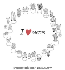 Collection of hand drawn cacti. Big set cute of hand drawn house plants in pots including cactus, dracena, aloe and others, and garden tools. Vector collection of doodle plants.
