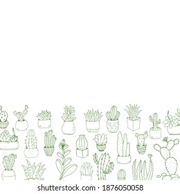 Collection of hand drawn cacti. Big set cute of hand drawn house plants in pots including cactus, dracena, aloe and others, and garden tools. Vector collection of doodle plants.