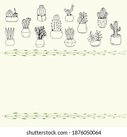 Collection of hand drawn cacti. Big set cute of hand drawn house plants in pots including cactus, dracena, aloe and others, and garden tools. Vector collection of doodle plants.