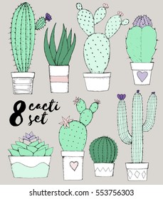 Collection of hand drawn cacti and succulents. Original illustration for cards, posters, brochures. Grey background.