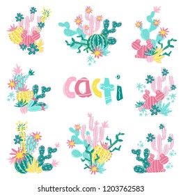 Collection of hand drawn cactus bouquets. Bright exotic succulents in scandinavian style. Vector illustration