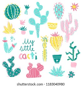 Collection of hand drawn cactus. Bright exotic succulents in scandinavian style.