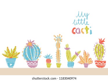 Collection of hand drawn cactus in pots. Bright exotic succulents in scandinavian style. Background illustration.