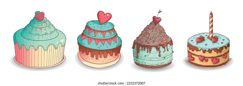 Collection of hand drawn cake for valentine's day