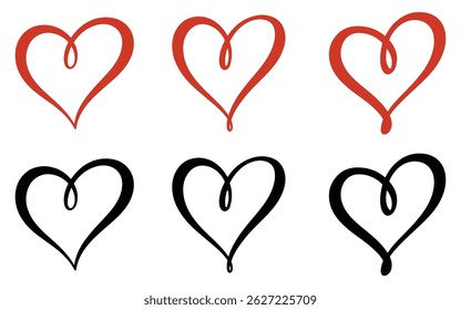 Colección de la Ilustración vectorial dibujada a mano del símbolo del corazón del amor del estilo de la caligrafía en el fondo blanco. Elemento de diseño de conjunto de iconos de amor de San Valentín